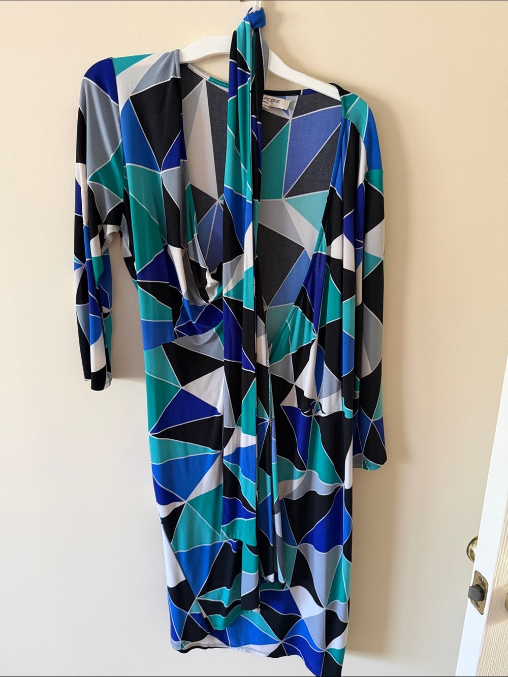 Evan Picone Geometric Wrap Dress in Blue, Teal & Black